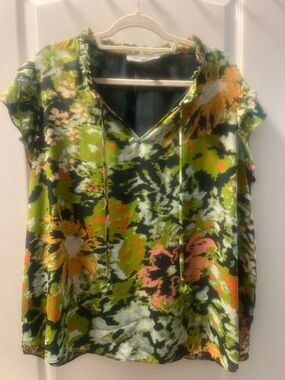 Chelsea & Theodore 2X Floral Blouse | Ruffle Sleeve | Tie Neck | Plus Size